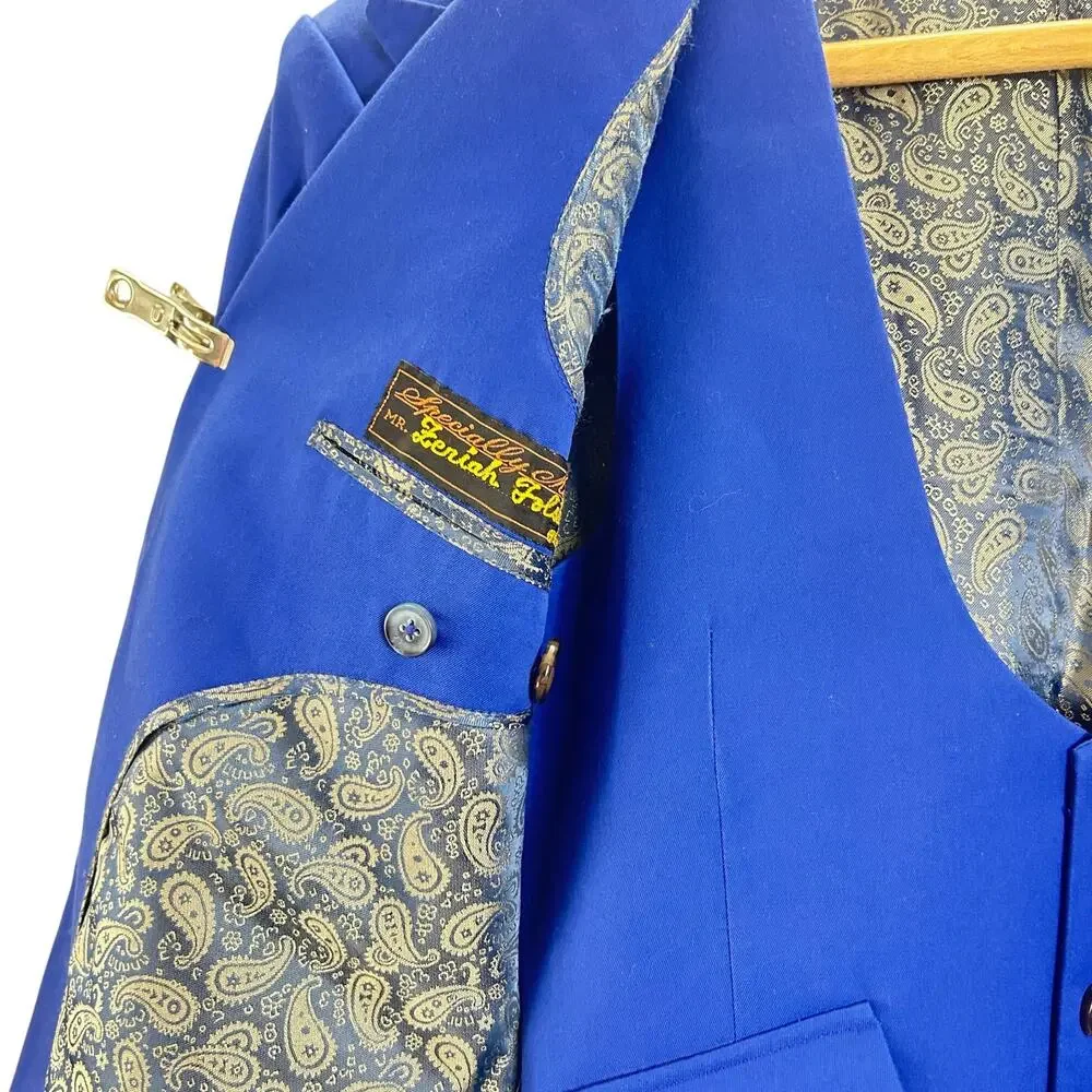 Zeniah Fashion Royal Blue Peak Lapel 3 Piece Suit Jacket Vest Mens 38R Classic